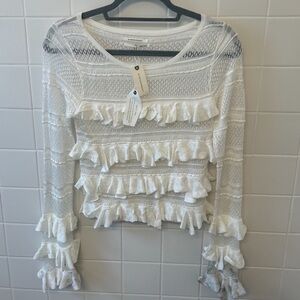 BRAND NEW Anthropology White Long Sleeve Sheer Ruffle Long Sleeve size XS